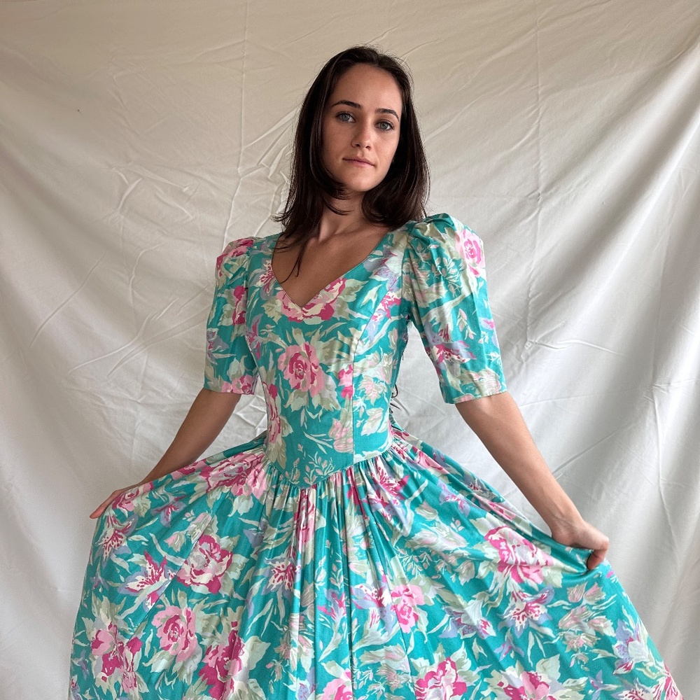 Rare 1980s Laura Ashley Floral Teal Midi.